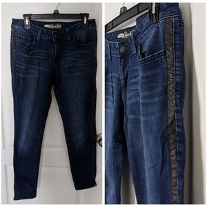 Old Navy Rockstar jeans with green pleather stripe